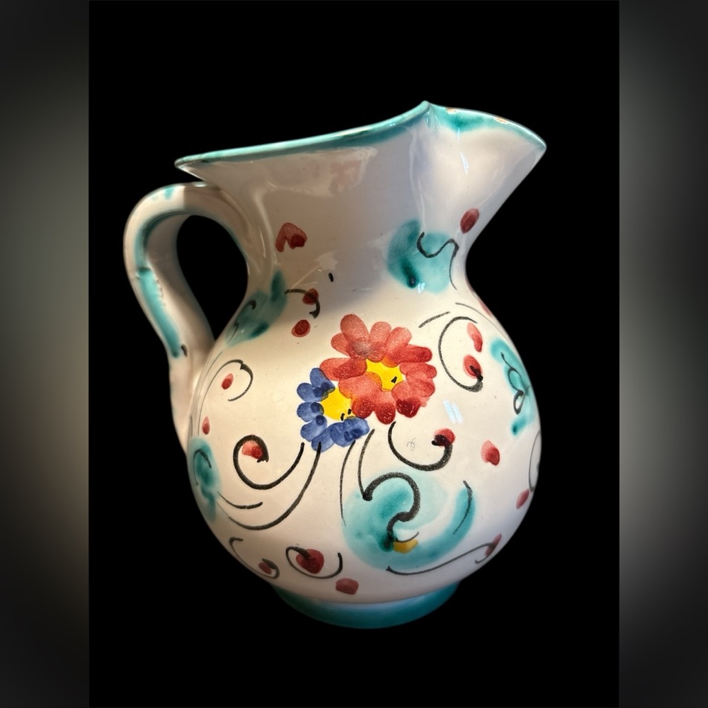 Vintage Italian Hand Painted Floral Ceramic‎ Pitcher Vase Italy Pottery